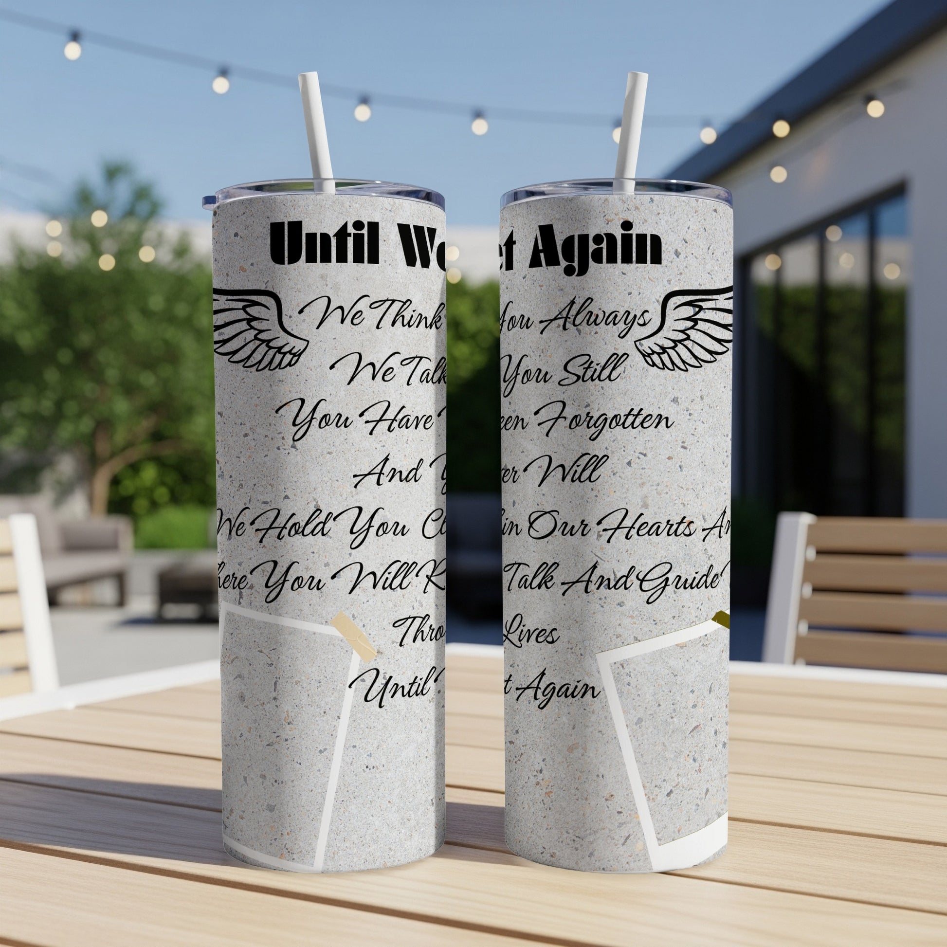 Two tumblers with "Until We Meet Again" text and angel wings design.