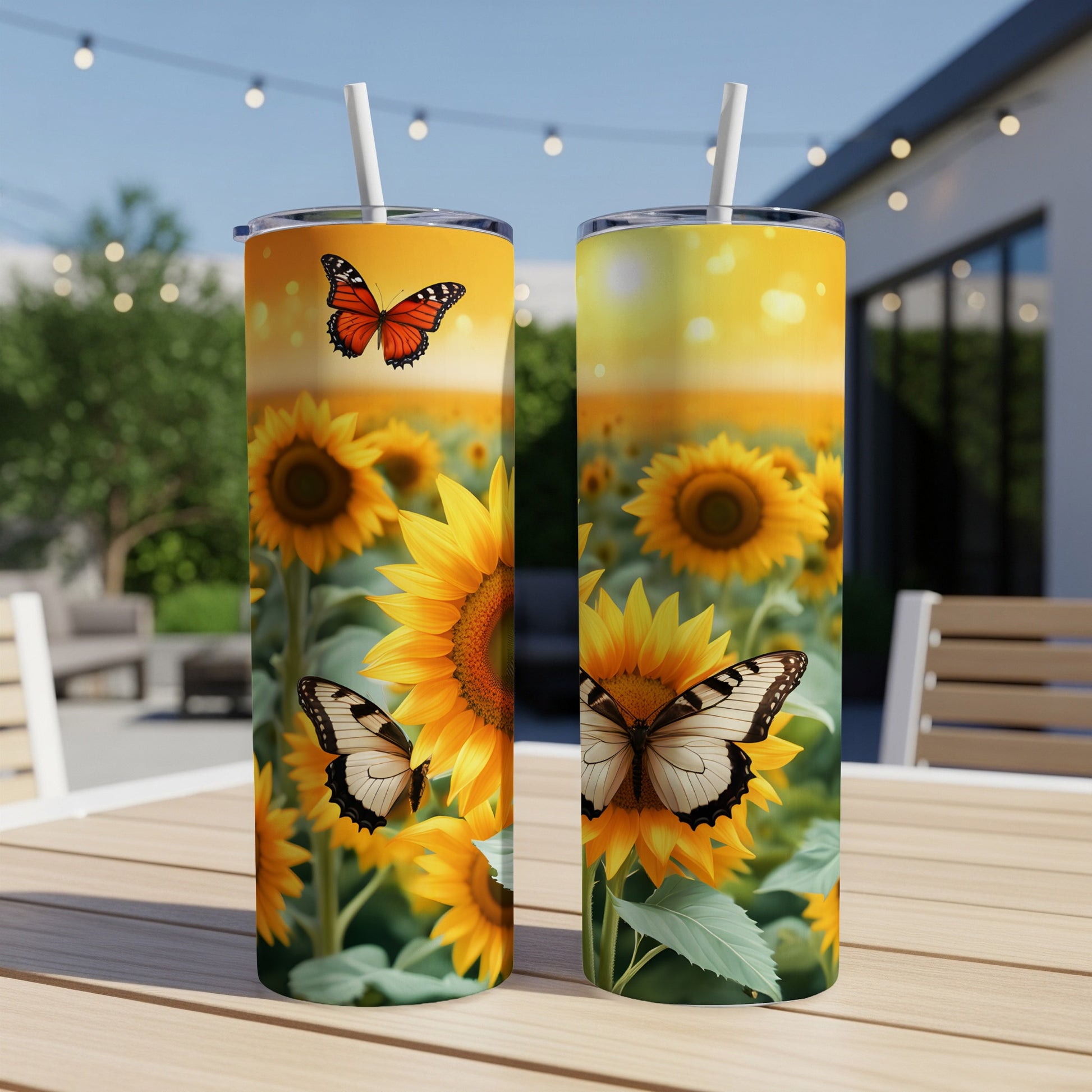 Two tumblers with sunflowers and butterflies, on a wooden table outdoors.