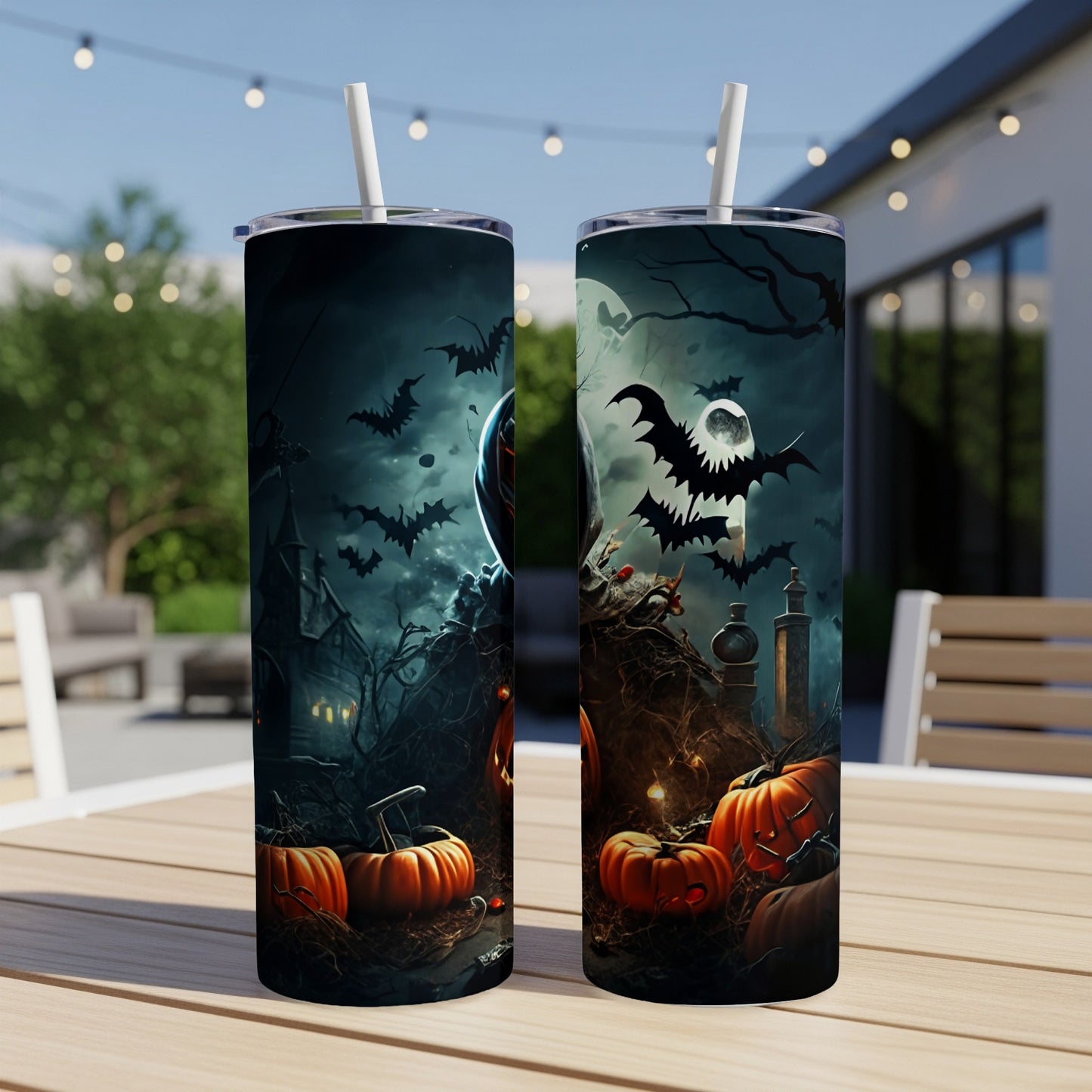 Halloween tumblers with spooky scenes of bats, pumpkins, and a haunted castle.