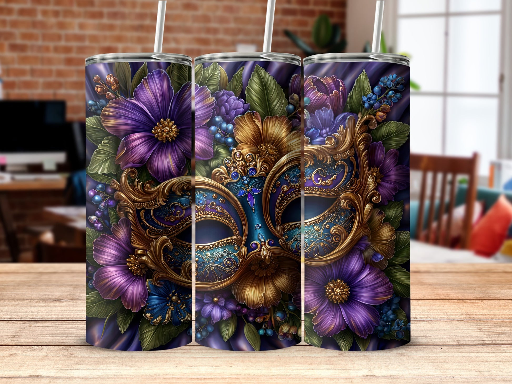 Colorful Floral Masquerade Tumblers with Elegant Details