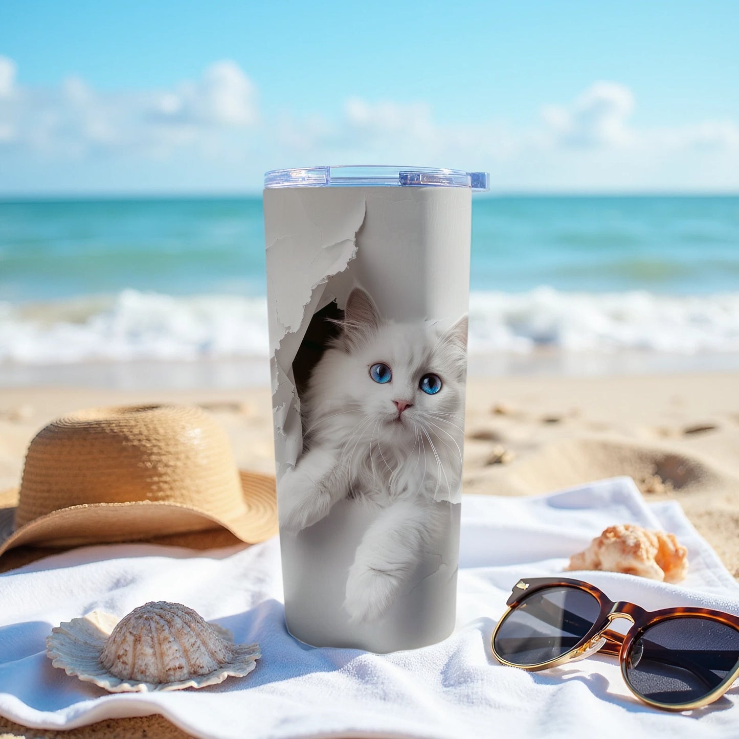 White Cat Blue Eyes Breakthrough Design Tumbler product type
Cat, White Cat, Blue Eyes, Kitten, Feline, Pet, Tumbler, Travel Mug, Drinkware, Insulated Cup, Beverage Container, Cat Print, Animal Print, Cute Cat, Pet Design, Beach, Summer, Ocean, Coastal, Vacation
