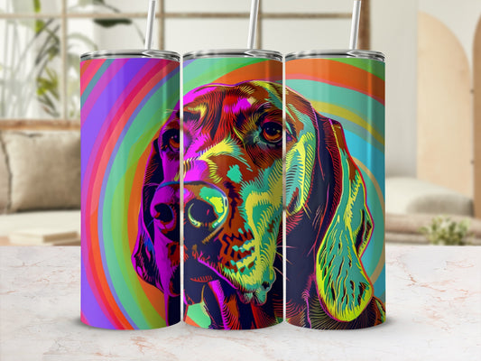 Three colorful tumblers featuring a psychedelic dog portrait on a marbled surface.
