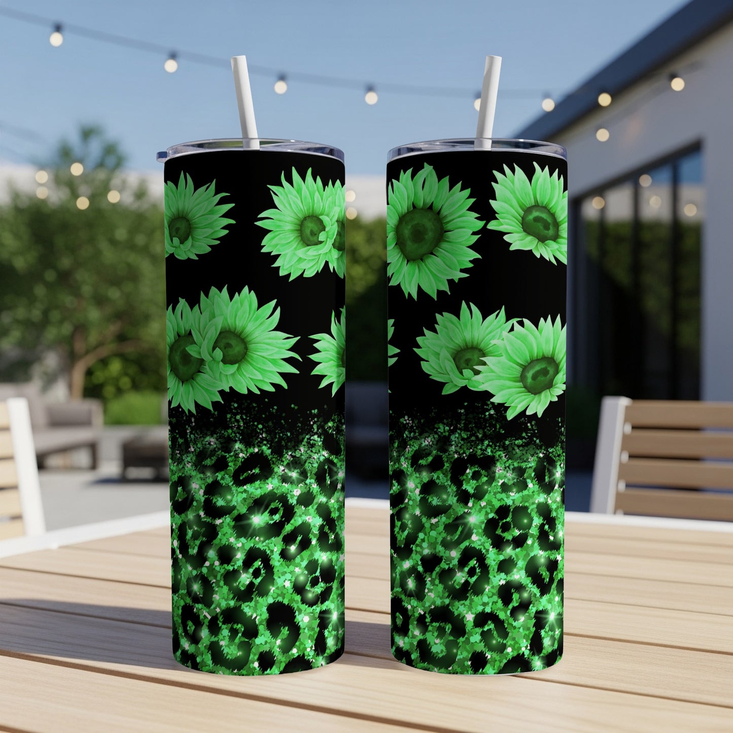 Green sunflowers and leopard print on black skinny tumblers.