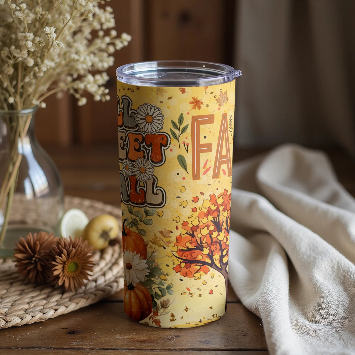 Hello Sweet Fall Autumn Leaves and Pumpkin Tumbler