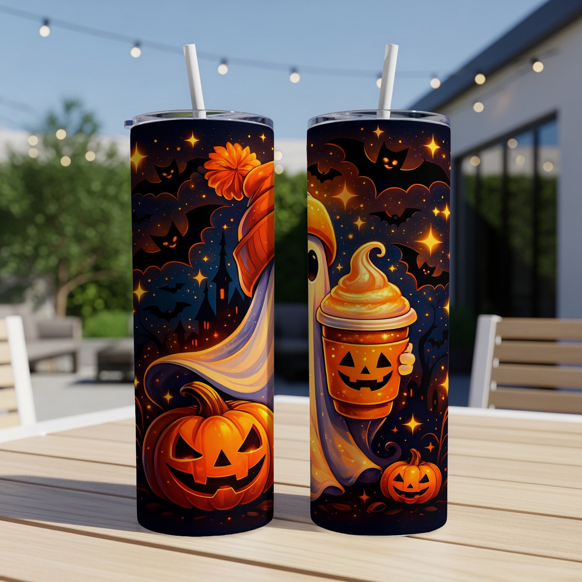 Two Halloween tumblers with ghosts, pumpkins, bats, and stars on a patio table.