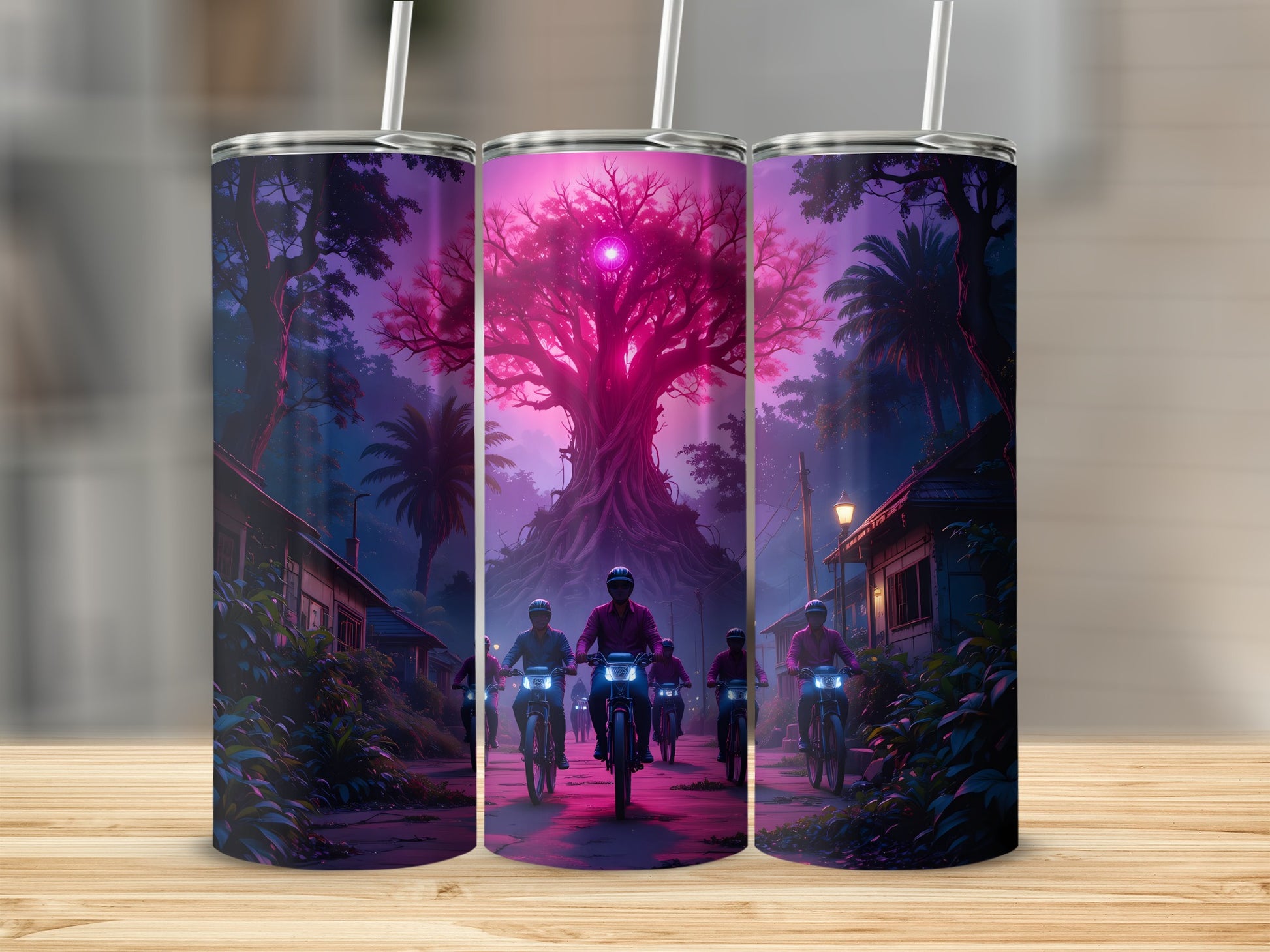 Three tumblers show a surreal landscape with riders on motorcycles and a glowing pink tree.