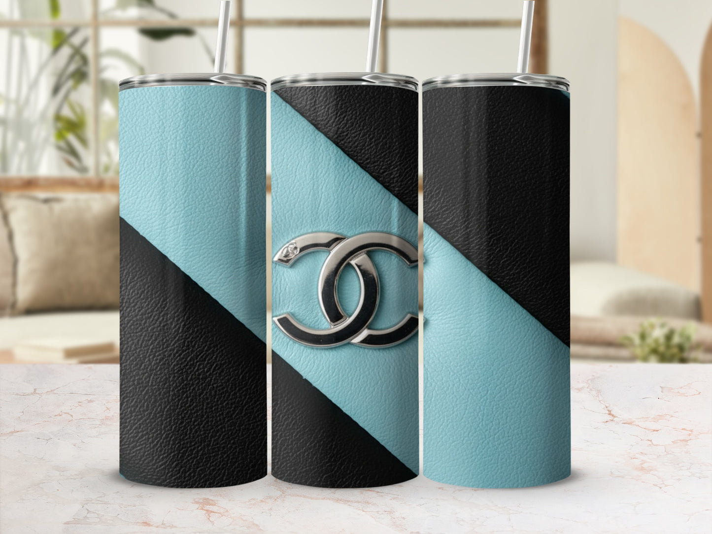 Black Turquoise Striped Graphic with Logo Design Tumblers