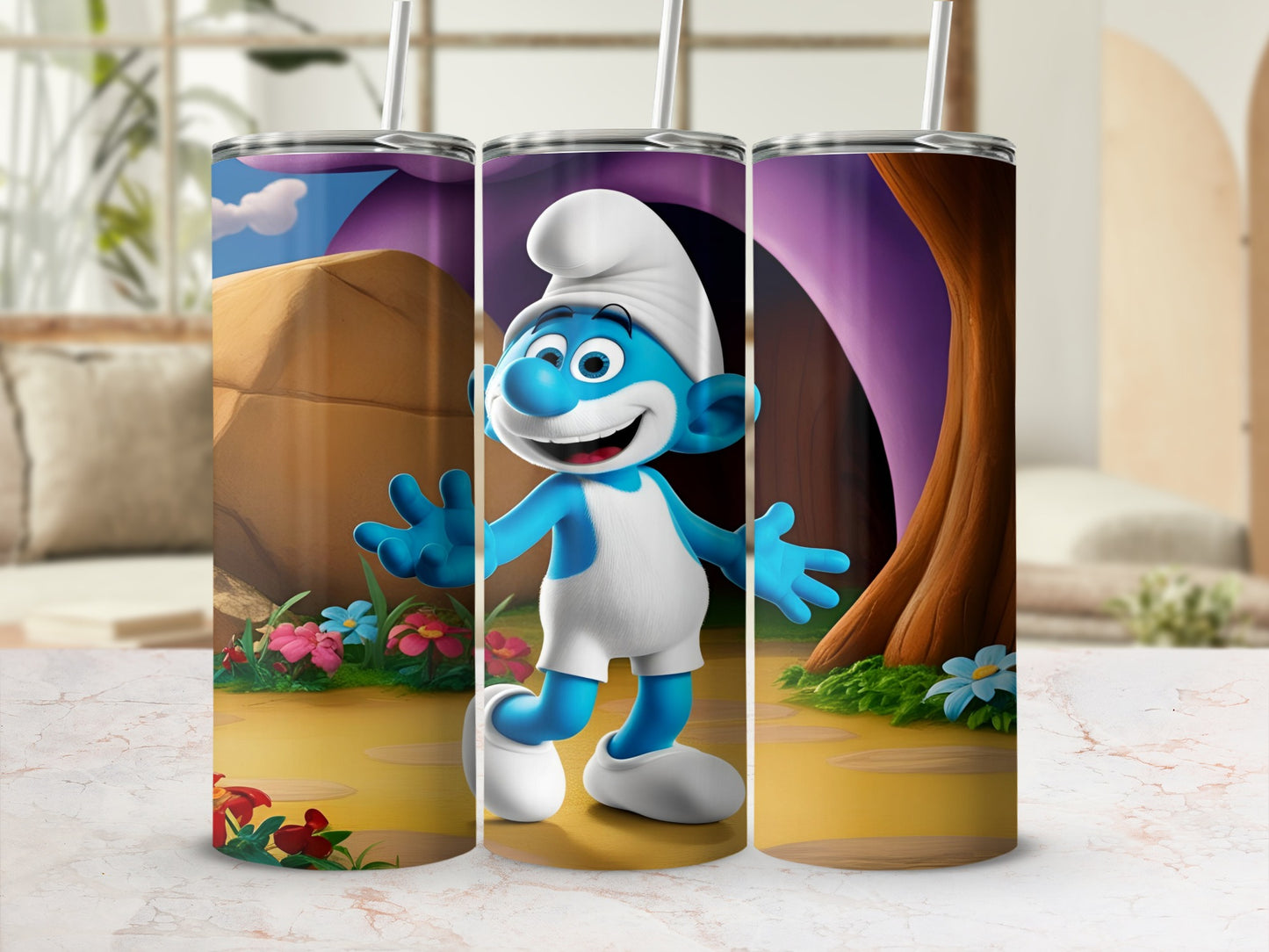 Smurf character in cartoon style against a colorful forest background.