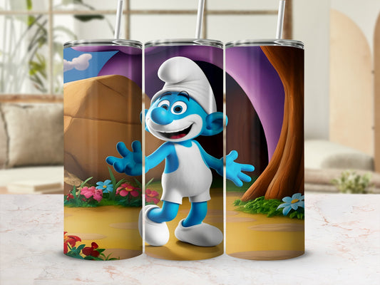 Smurf character in cartoon style against a colorful forest background.