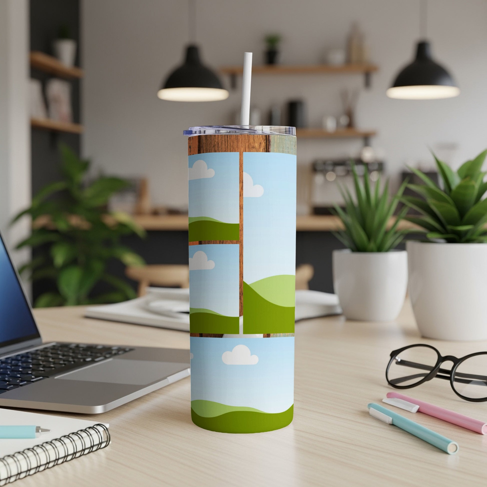 Tumbler with wood and cartoon landscape design, featuring a straw.