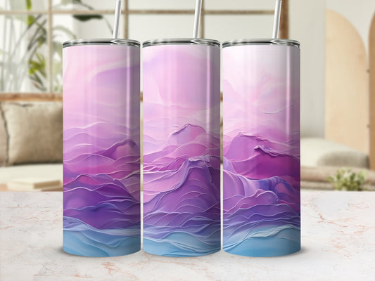 Three tumblers with abstract purple and blue wavy mountain design.