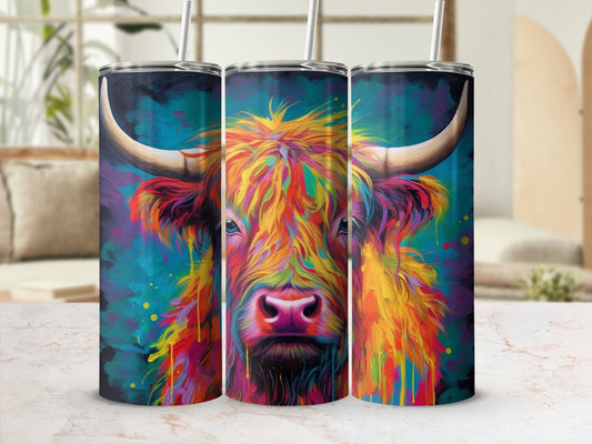 Colorful abstract Highland cow face on three tumblers.