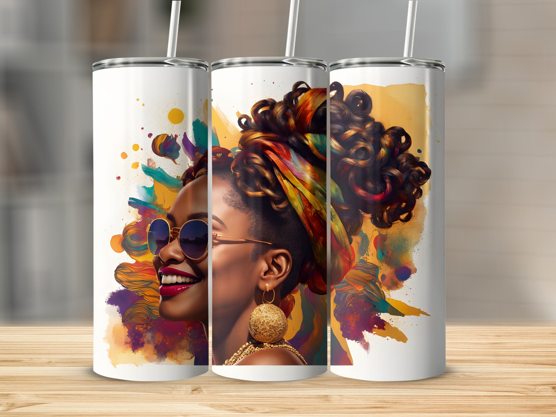 Tumbler with portrait of woman with colorful curly hair and sunglasses.