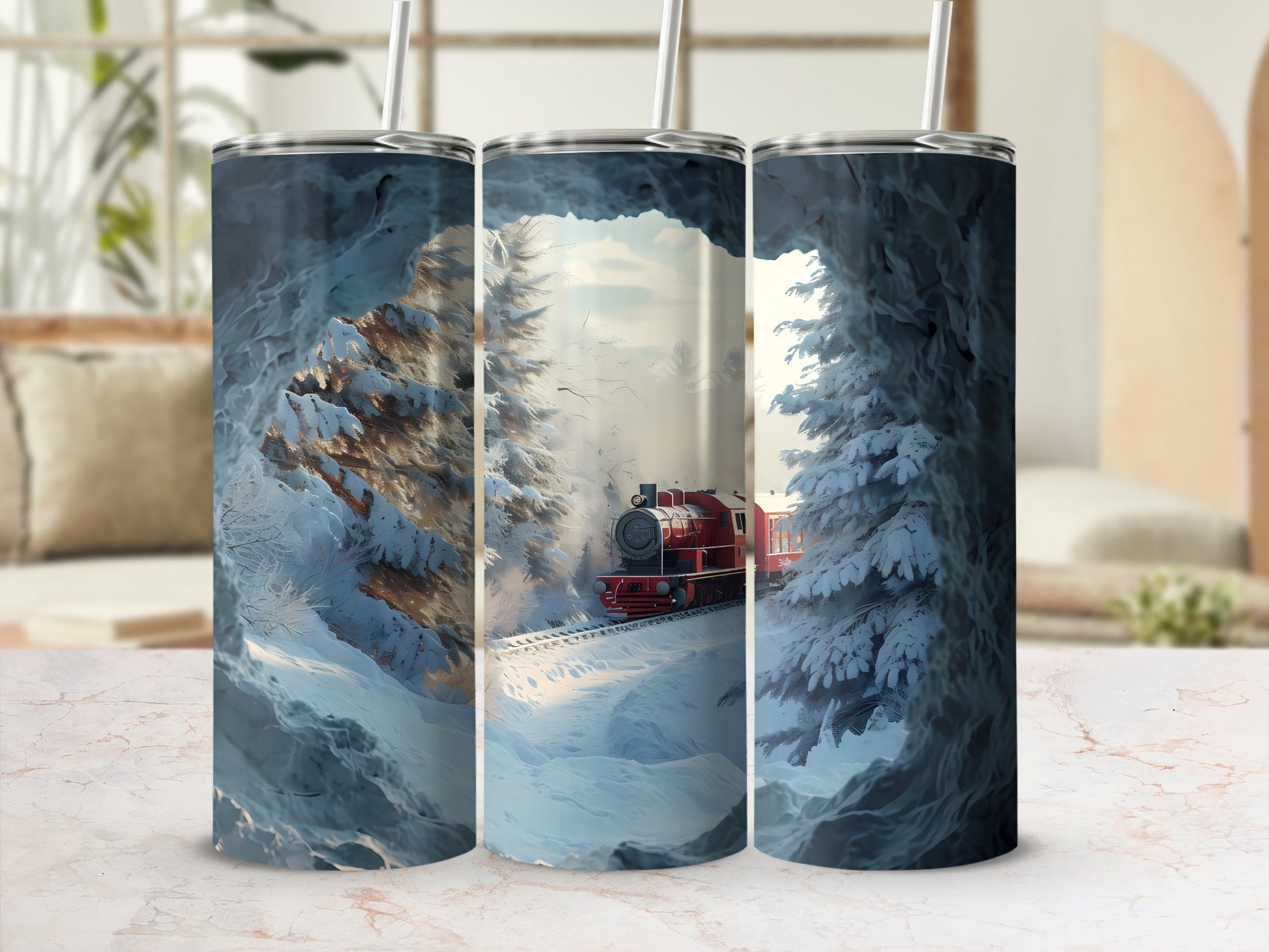Snowy forest scene with red train on tracks and birds in sky.