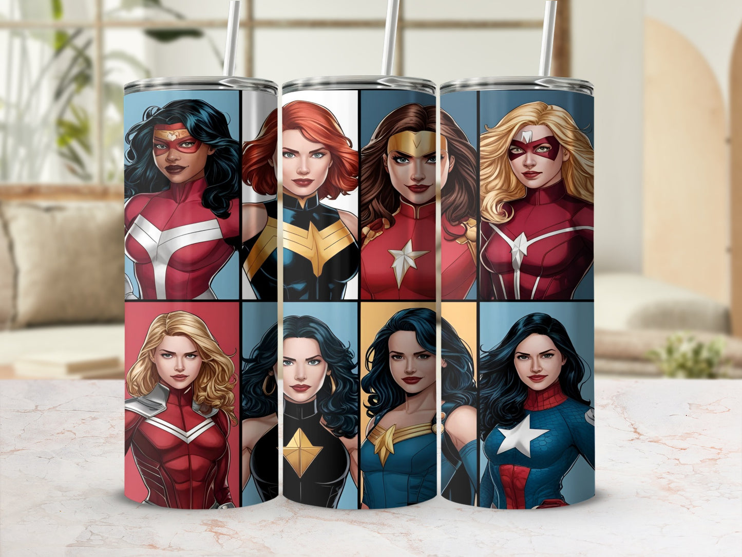 Eight superhero women arranged in two rows of four on tumblers.