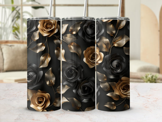 Black and gold rose pattern on a tumbler.