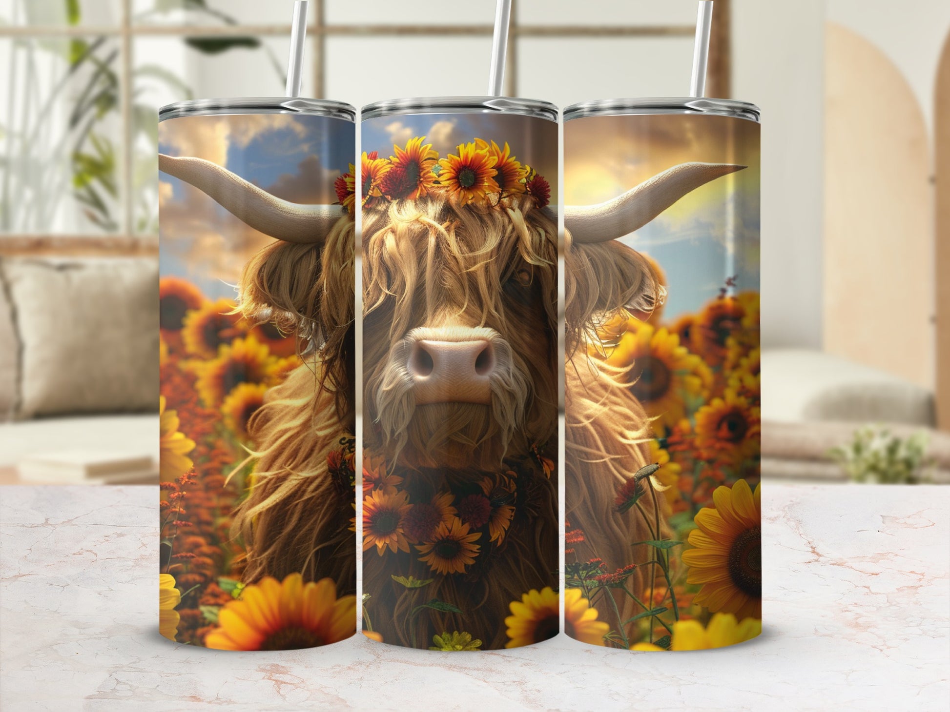 Highland cow with sunflower crown in a sunflower field.