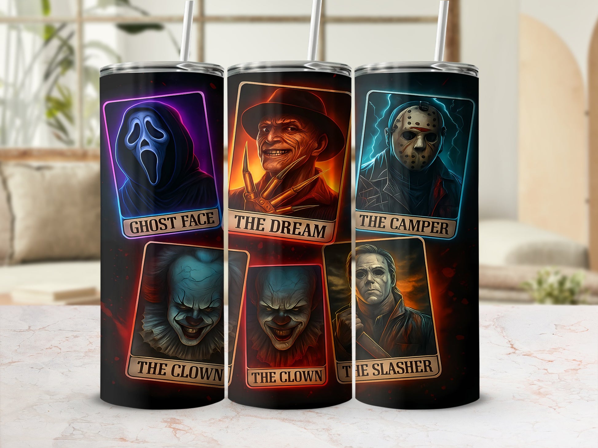 Tumblers featuring Ghost Face, The Dream, The Camper, The Clown, and The Slasher.