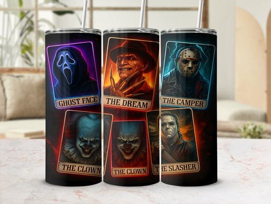 Tumblers featuring Ghost Face, The Dream, The Camper, The Clown, and The Slasher.
