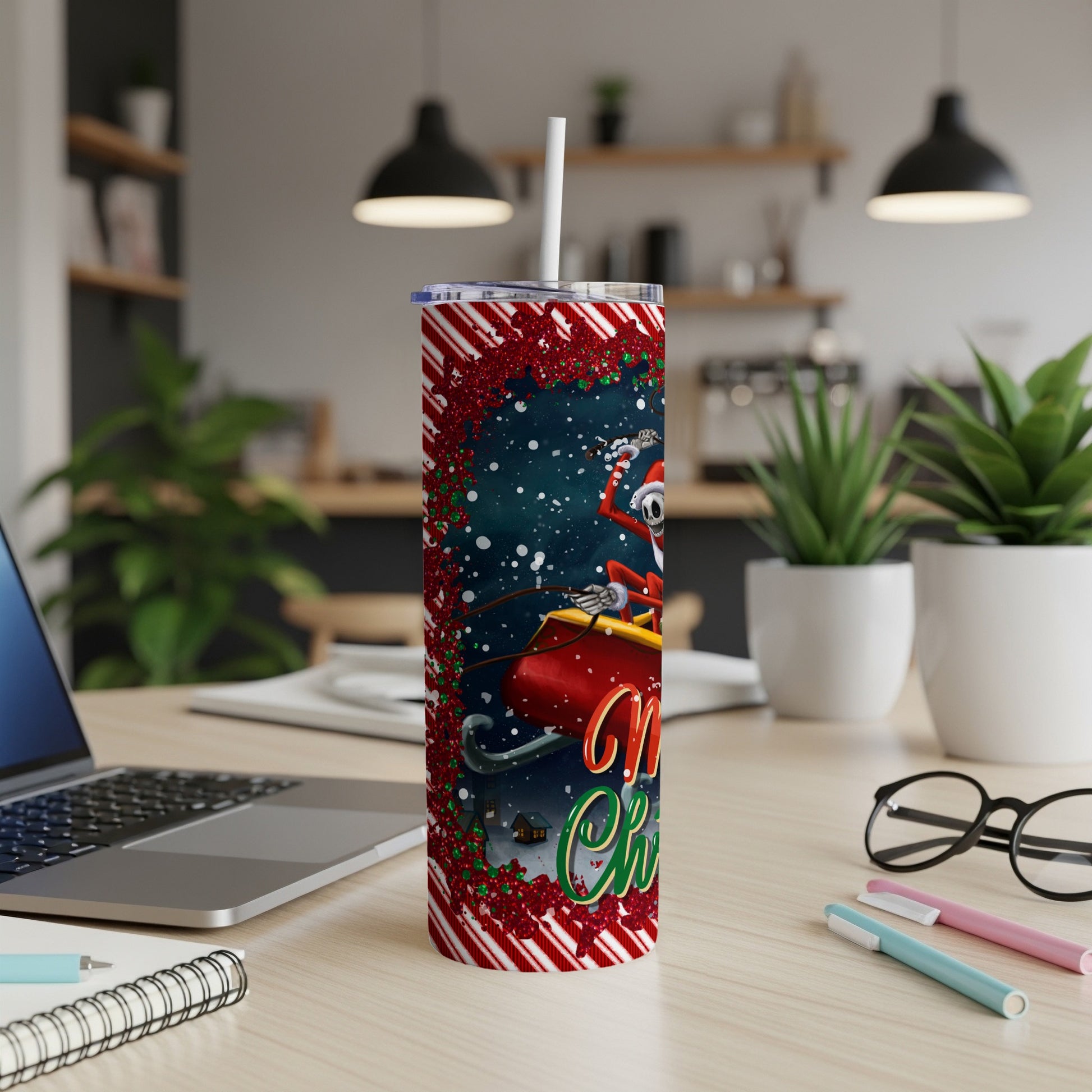 Christmas tumbler with Santa Jack Skellington on sleigh and "Merry Christmas" text.