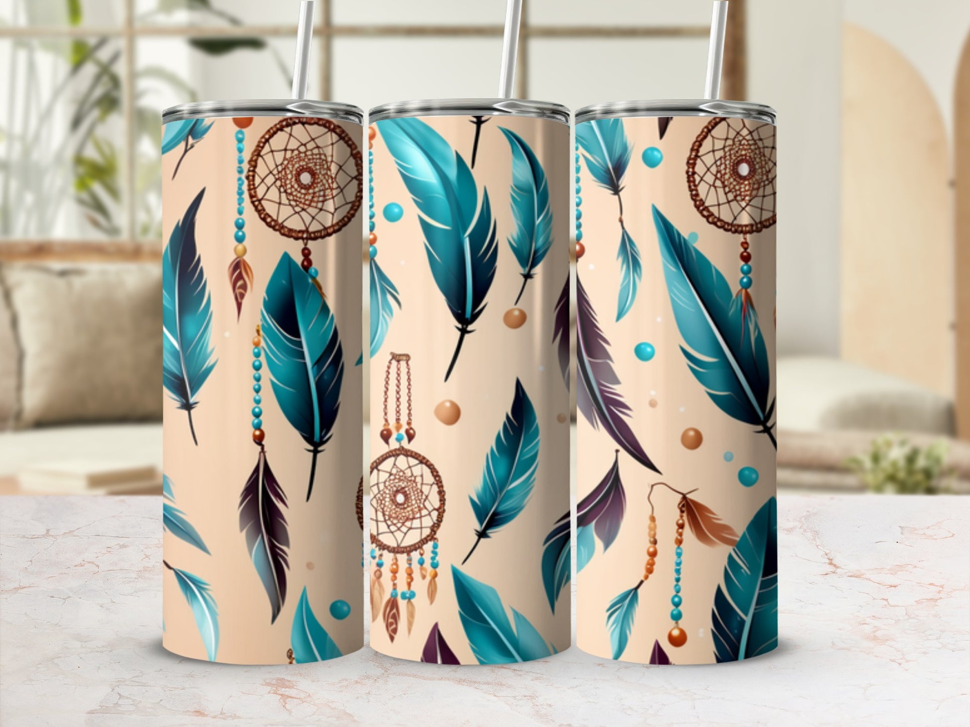 Beige tumbler with teal feathers and dreamcatcher pattern.