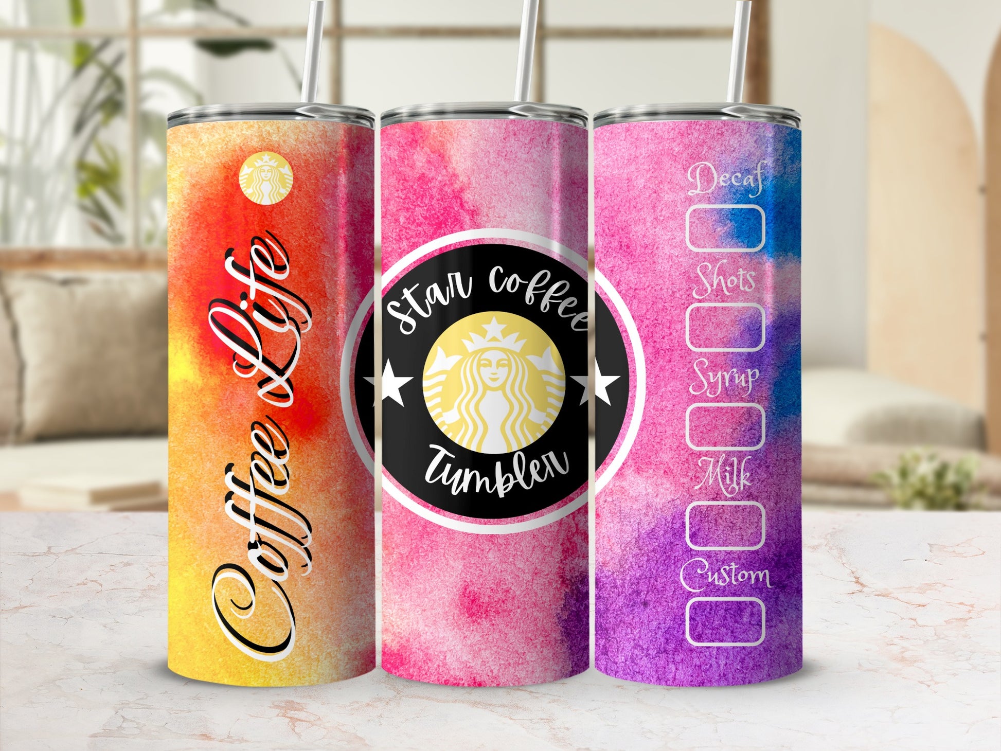 Colorful Coffee Life and Star Coffee Tumbler with Straw