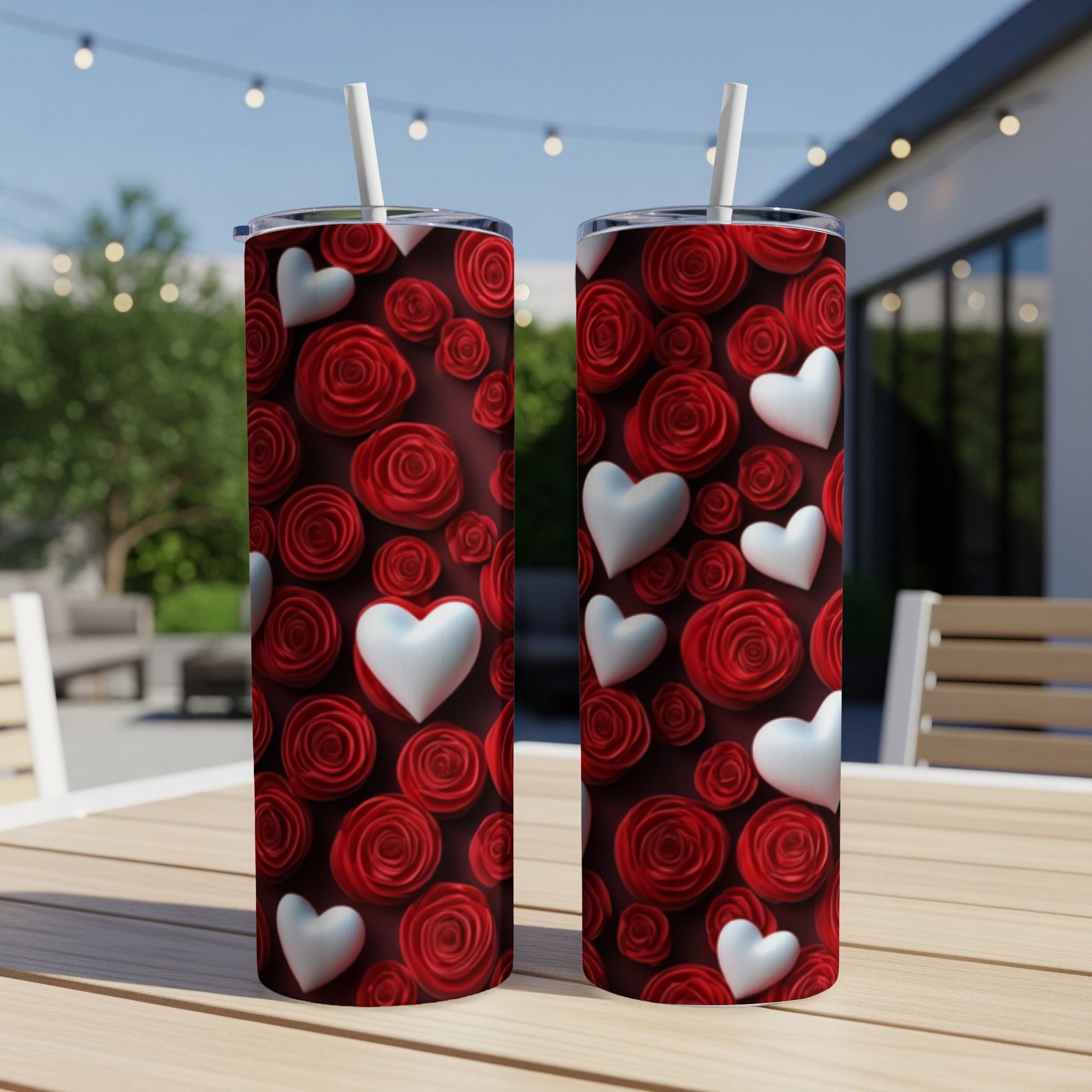 Two tumblers with red roses and white hearts pattern.