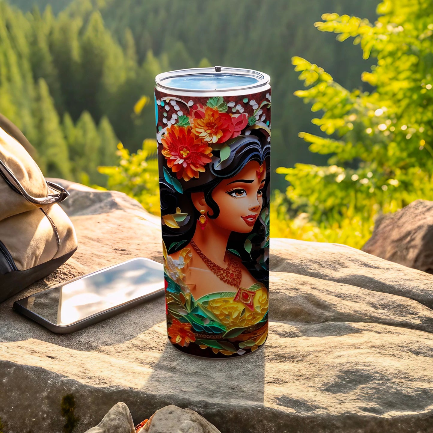 Vibrant Floral Woman Design Travel Tumbler for Outdoor Use
