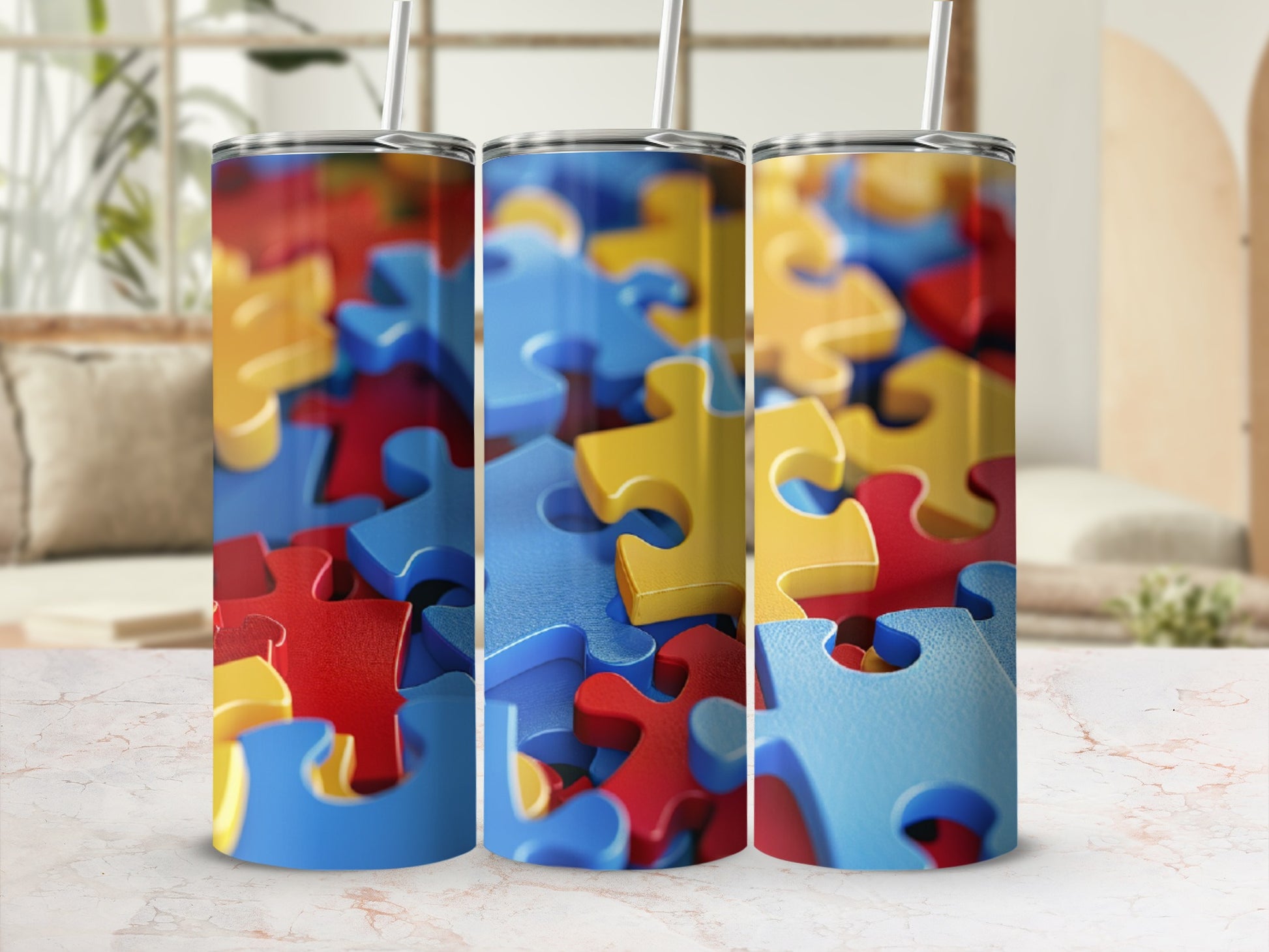 Three colorful puzzle pieces in red, yellow, and blue form a repeating pattern.