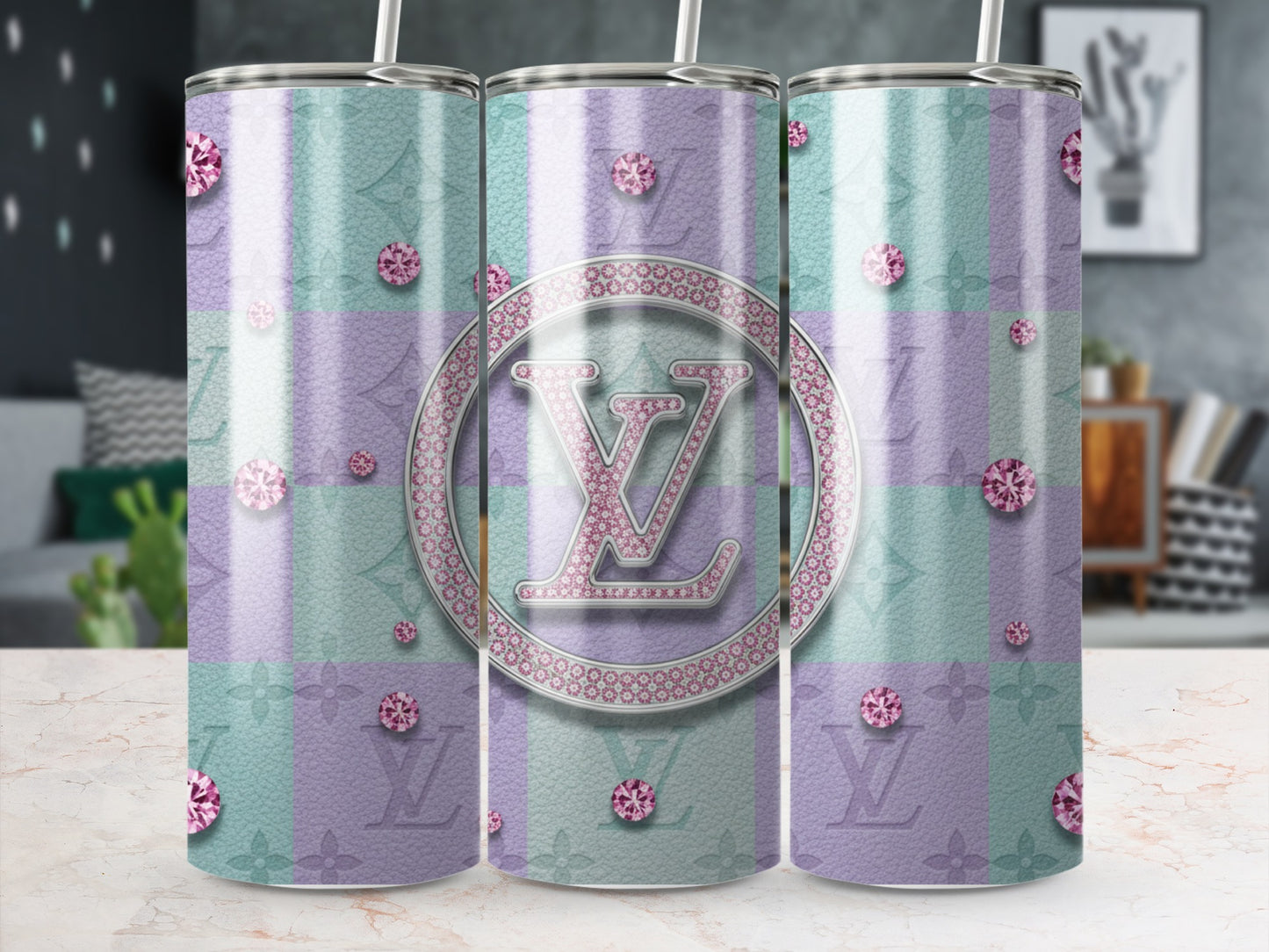 Elegant Louis Vuitton Inspired Tumbler with Gems Design