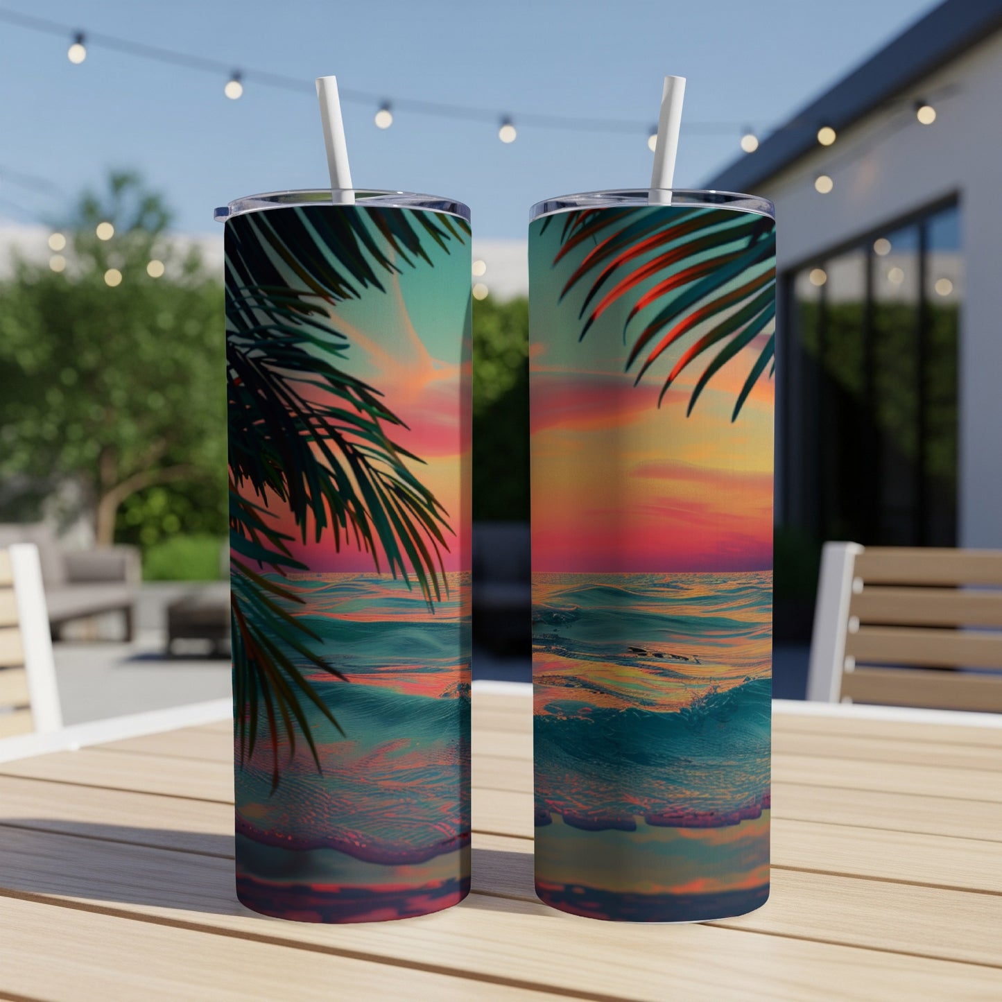 Two tumblers with a tropical sunset and ocean wave design on a table.