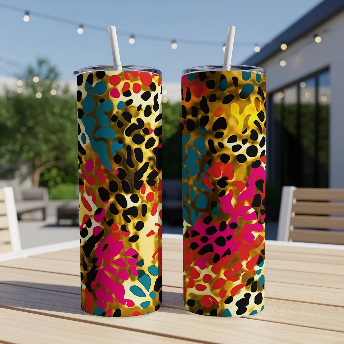 Two tumblers with a colorful leopard print design sit on a table outdoors.