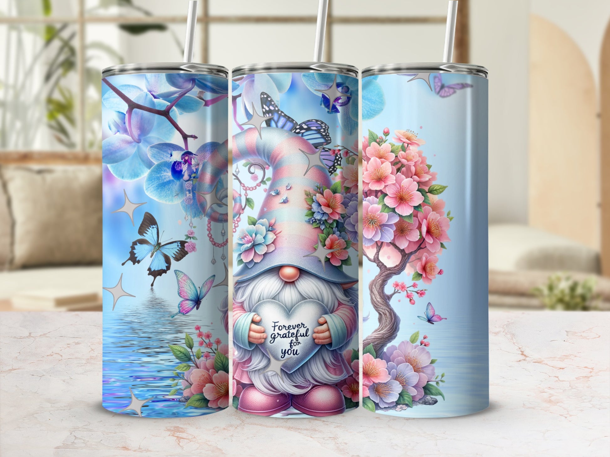 Colorful Floral Gnome with Butterflies Tumbler Cup
