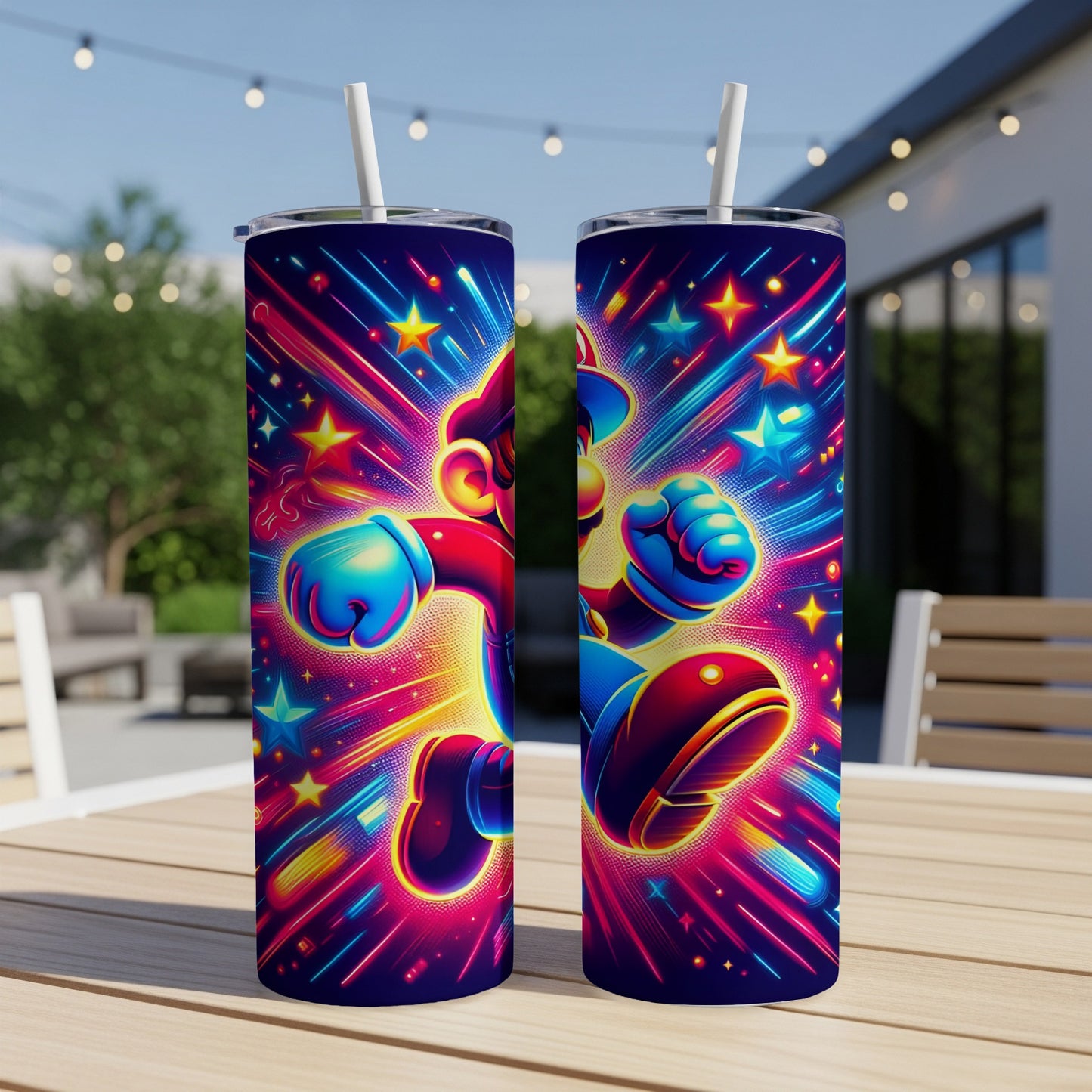 Mario jumping with neon stars and streaks on a blue background.