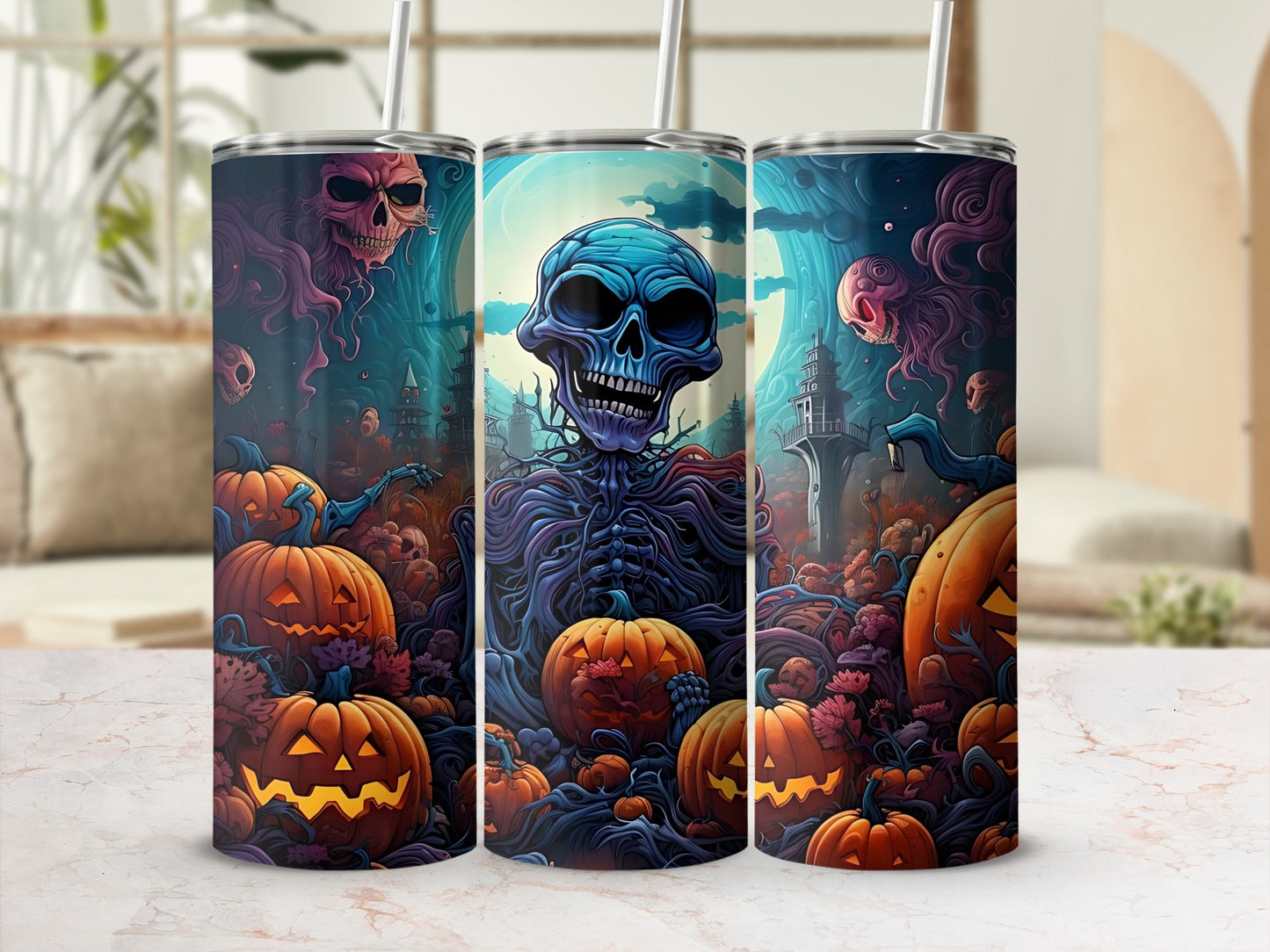 Three tumblers feature a Halloween design with a skeleton, skulls, and jack-o'-lanterns.