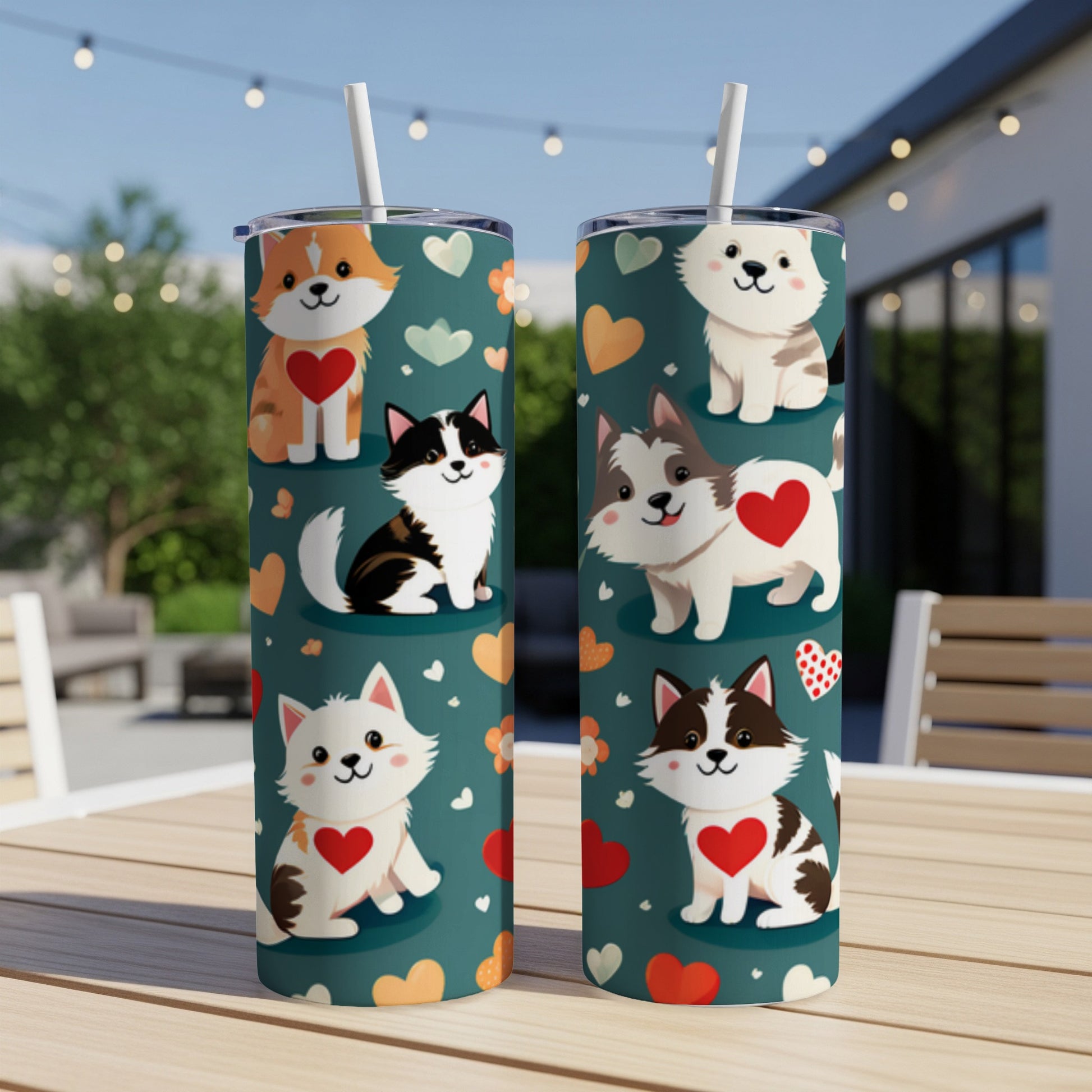 Two tumblers with cartoon cats wearing heart necklaces on a teal background.