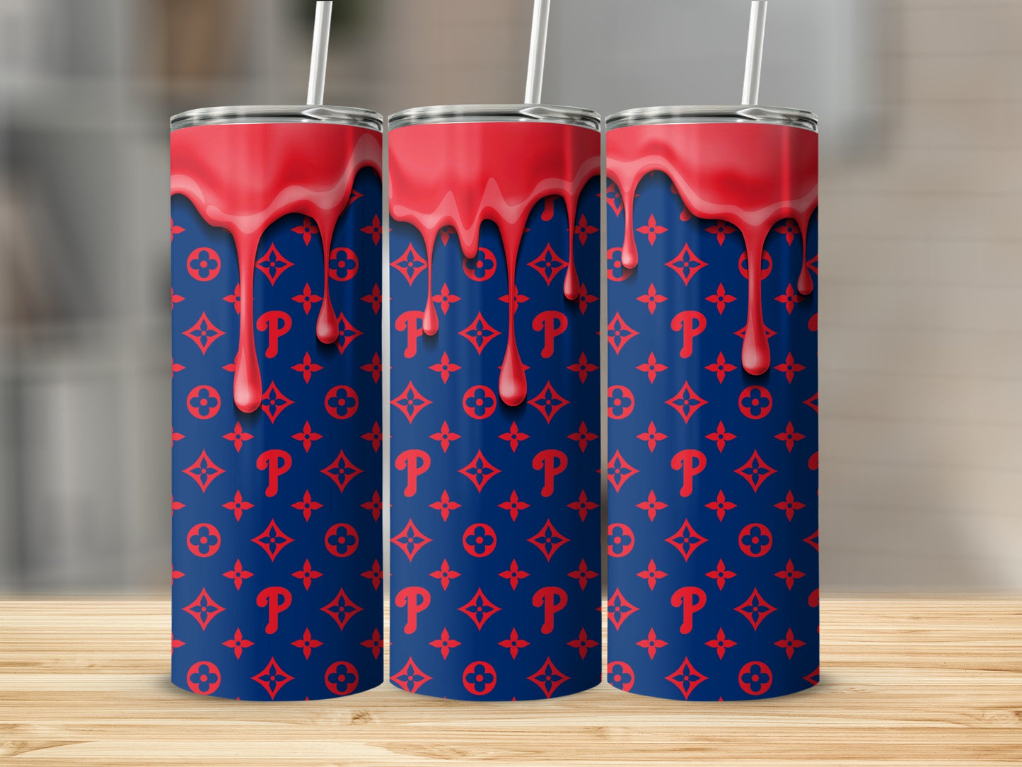 Red Drips Philadelphia Phillies Pattern Dark Blue Background Tumblers