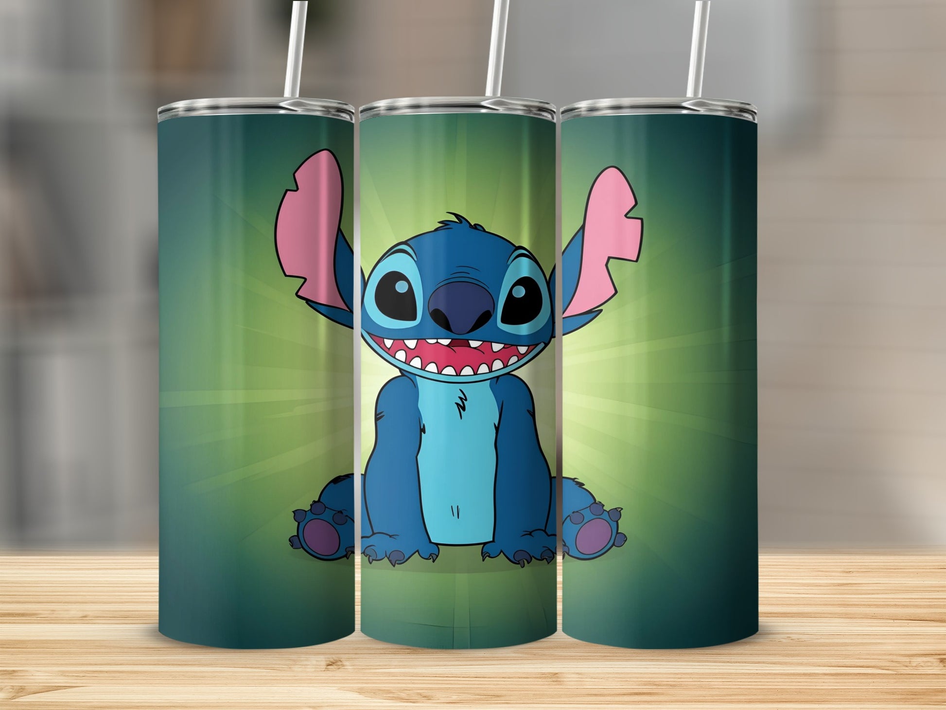 Blue Stitch character on a green gradient background, displayed on three tumblers.