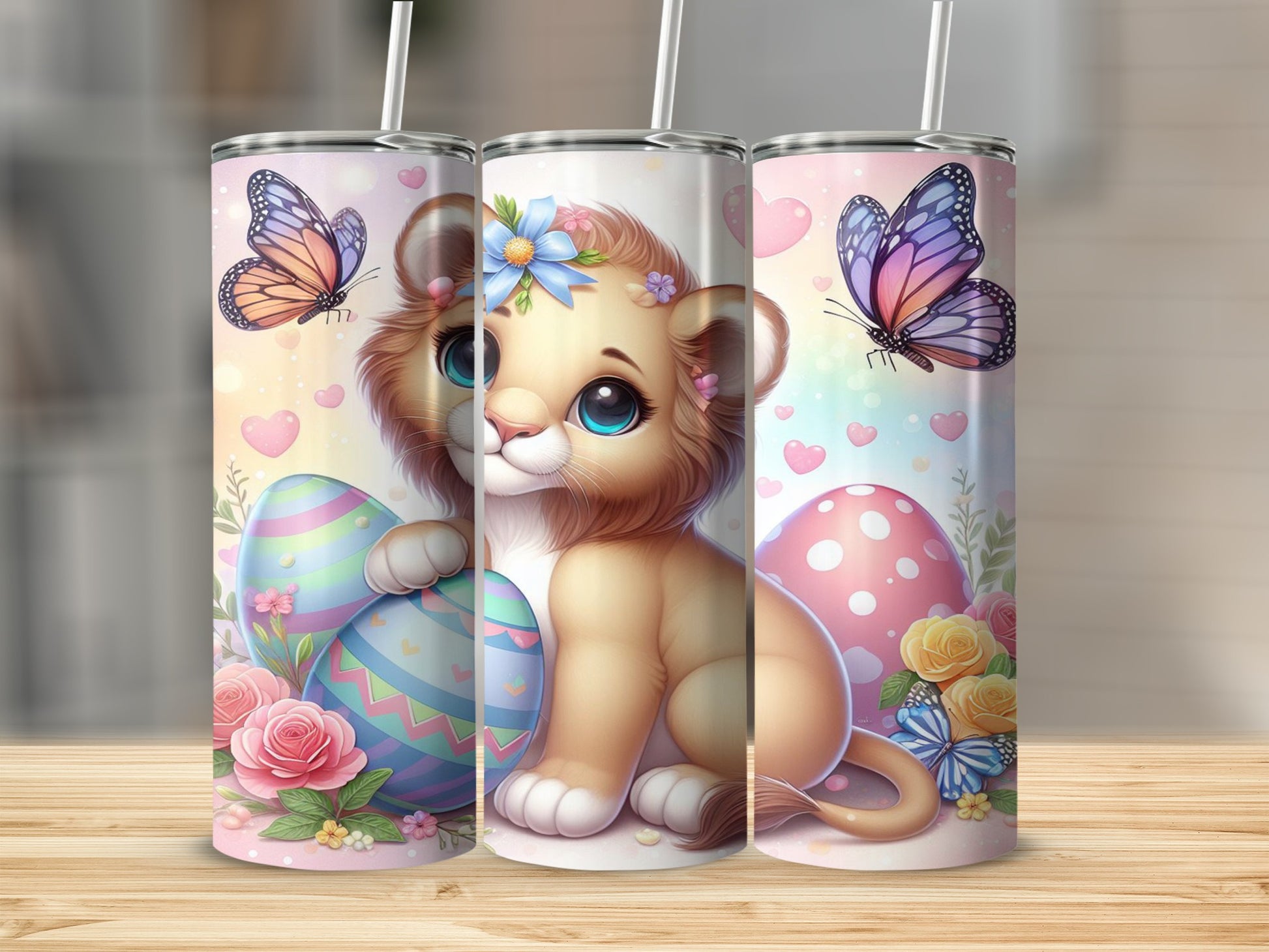Cute lion cub with Easter eggs and butterflies, floral accents.