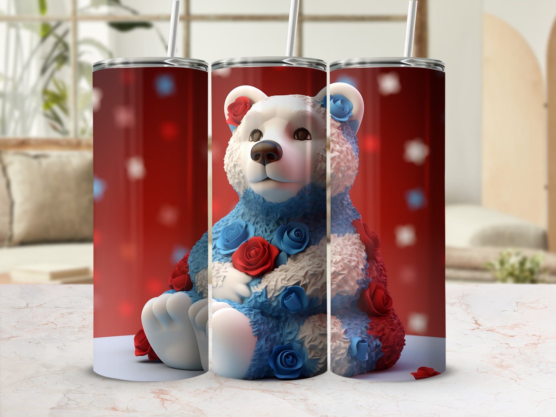 White teddy bear covered in red and blue fabric roses.