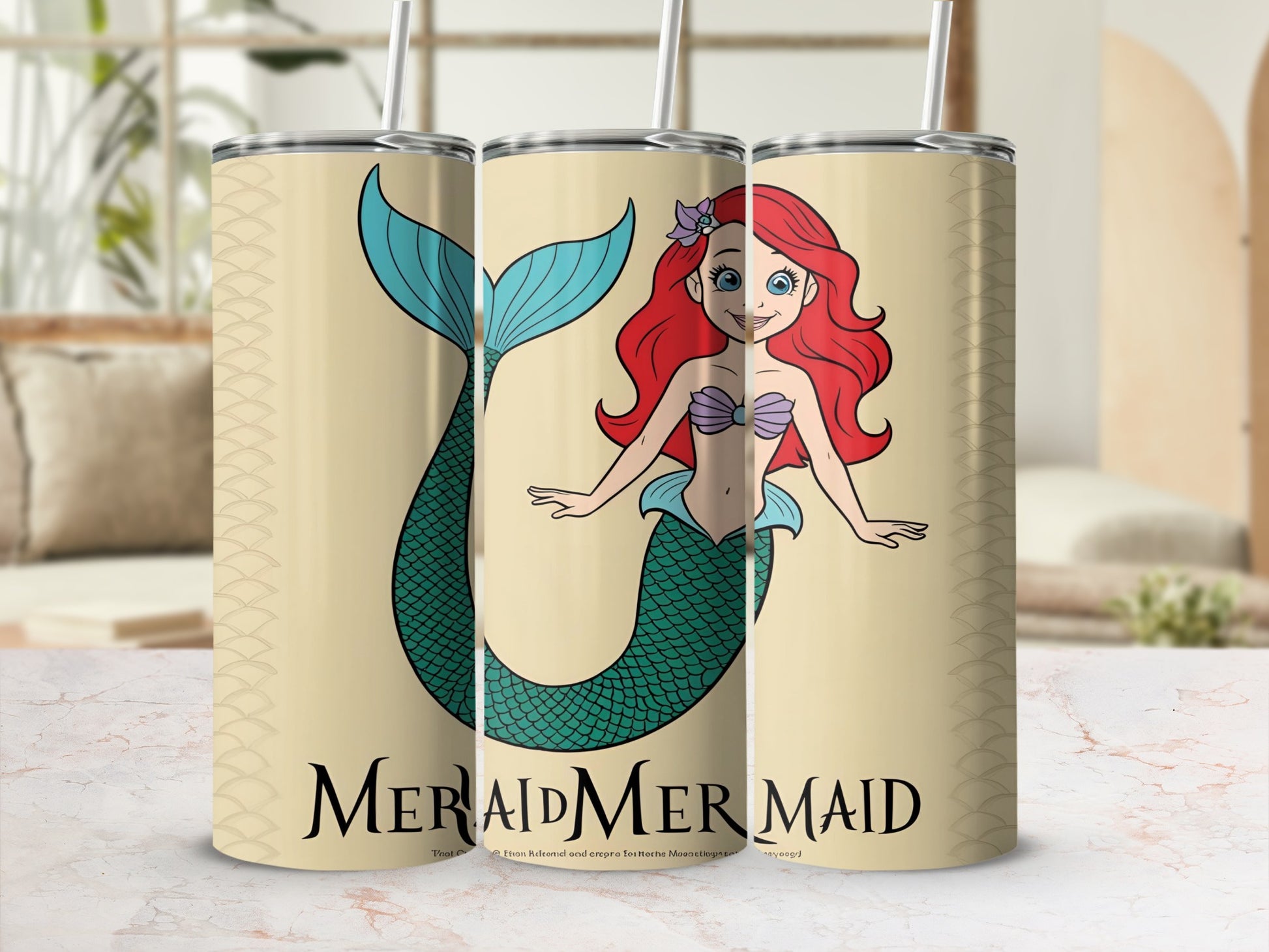 Mermaid illustration with red hair and teal tail on a beige patterned background.