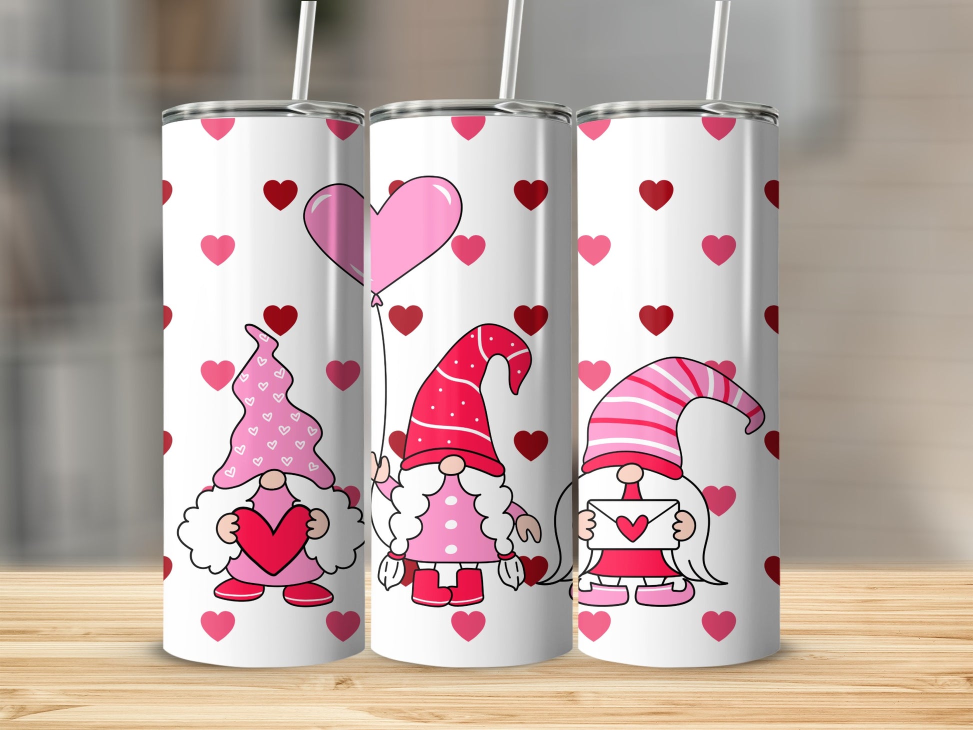 Cute Valentines Day Gnomes with Hearts Tumbler Set