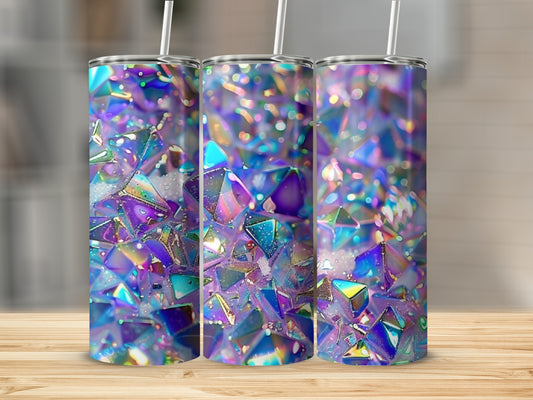 Three tumblers with iridescent, faceted, gemstone-like patterns.