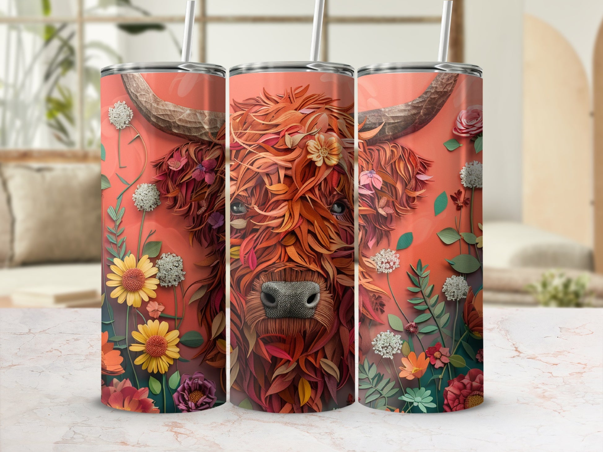 Highland cow with floral accents on a skinny tumbler.