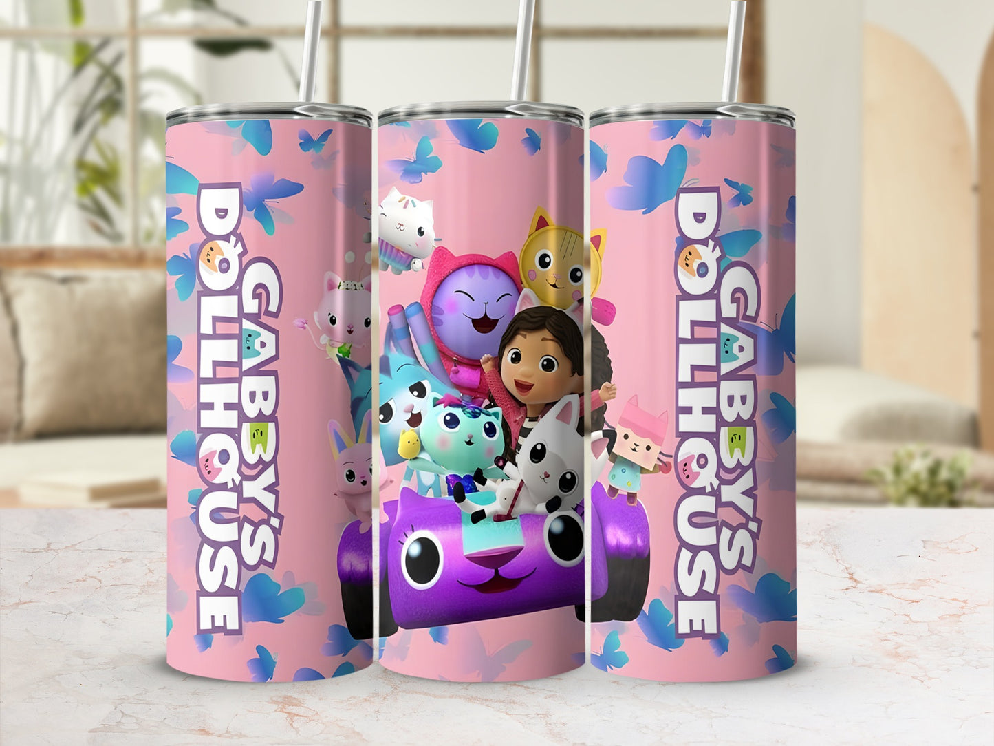 Gabby's Dollhouse tumbler with characters and butterflies.
