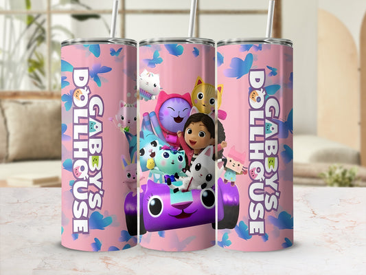 Gabby's Dollhouse tumbler with characters and butterflies.