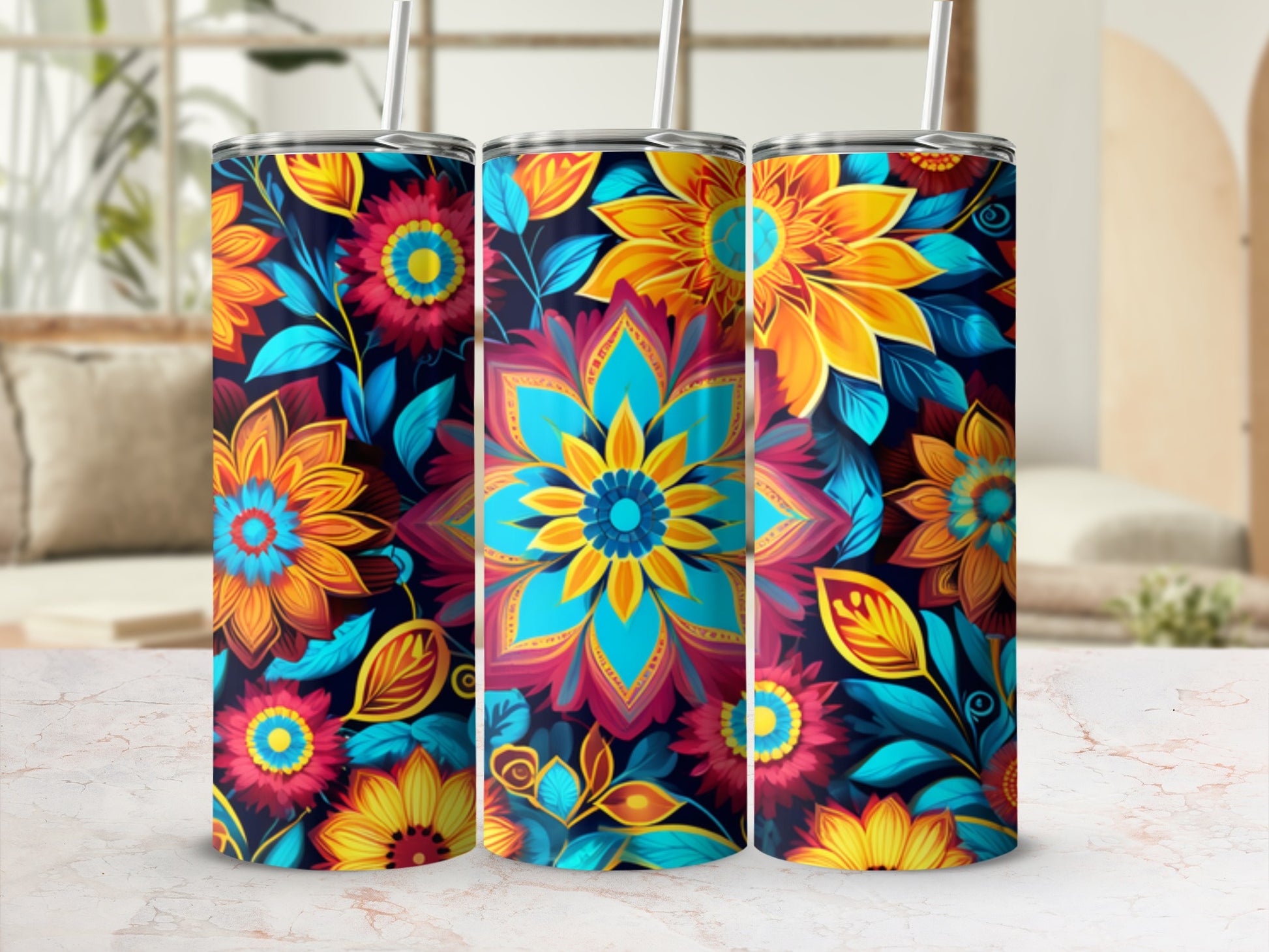 Three colorful floral patterned tumblers with straws.