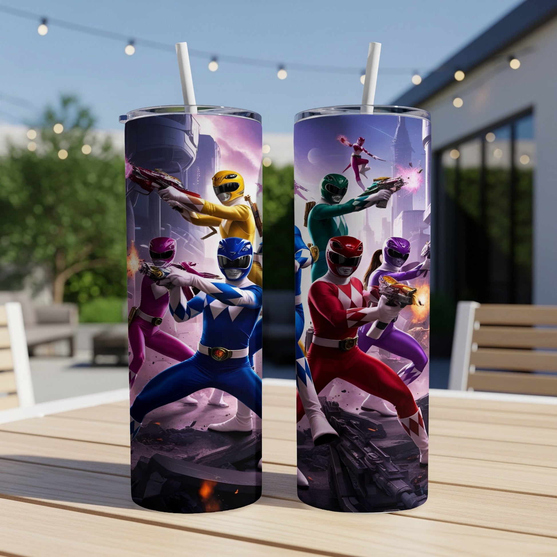 Two tumblers featuring Power Rangers in action poses with futuristic weapons.