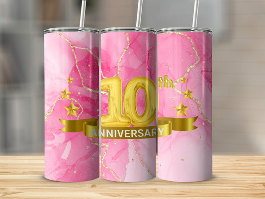 Pink marble tumbler with gold stars and "10th Anniversary" text.