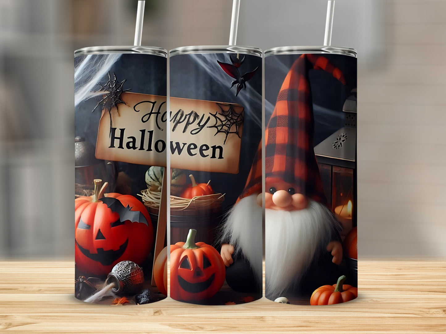 Halloween gnome with pumpkins and "Happy Halloween" sign on a tumbler.